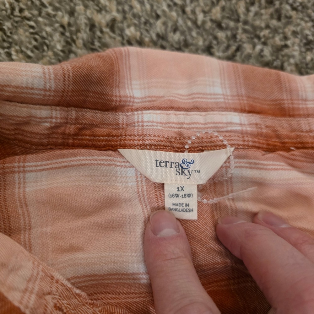 Terra & Sky Womens 1X Orange Pink Plaid Viscose Button Down Shirt Plus Size - Picture 4 of 6
